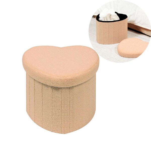 Catzon Heart Shaped Ottomans Faux Teddy Fur Storage Stool for Living Room-Pink