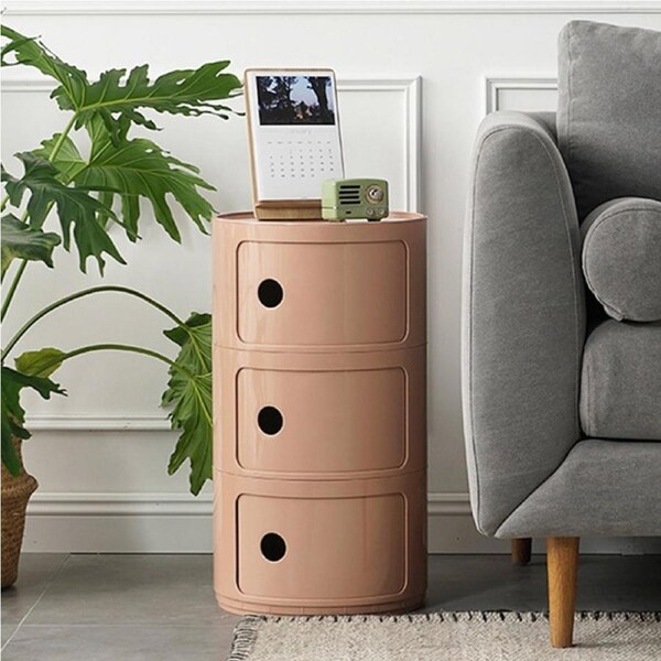 Catzon 3 Tier Round Nightstand with Storage for Living Room Bedroom-Pink