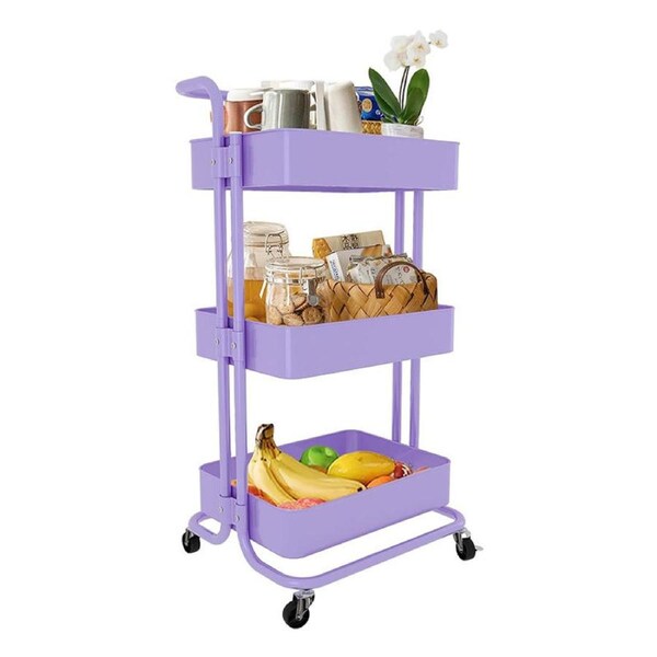 Catzon 3-Tier Metal Rolling Cart with Wheels Snacks Storage for Kitchen-Purple