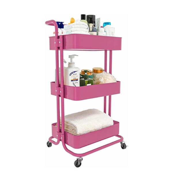 Catzon 3-Tier Metal Rolling Cart with Wheels Snacks Storage for Kitchen-Pink