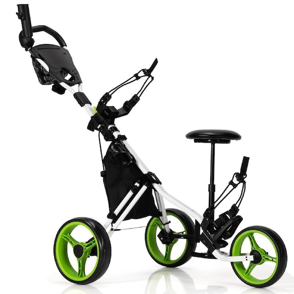 Costway Foldable Golf Buggy Trolley 3 Wheels Golf Club Push Cart w/Seat/Bag/Umbrella Holder Green
