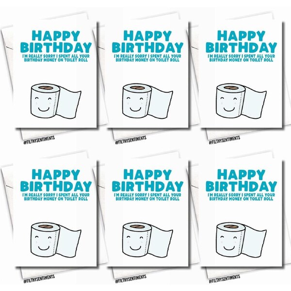 6PK Filthy Sentiments A5 Toliet Roll Stockpiling Blank Greeting Card w/Envelope