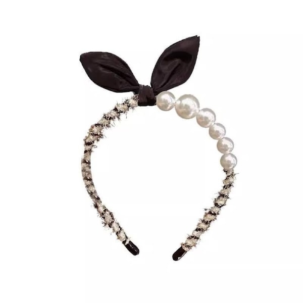 Women Girl Retro Rabbit Ear Pearl Party Headband Hair Head Band Hoop Short Hair