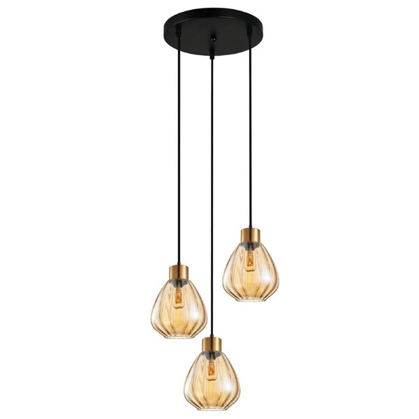 TULIP1 Interior Bronze Amber Wine Glass Ribbed Pendant Light- 3 lits Round