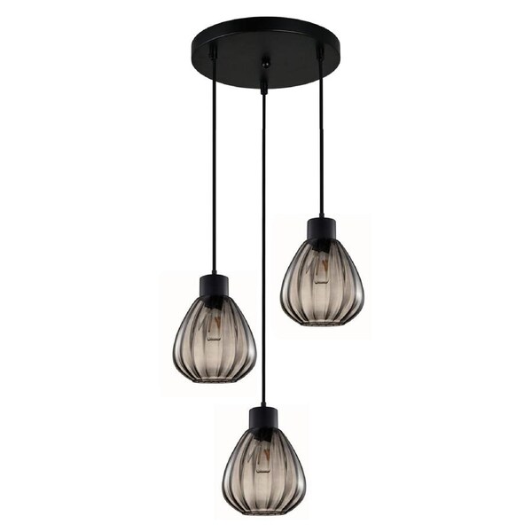 TULIP2 Interior Black Smoke Wine Glass Ribbed Pendant Light- 3 lits Round