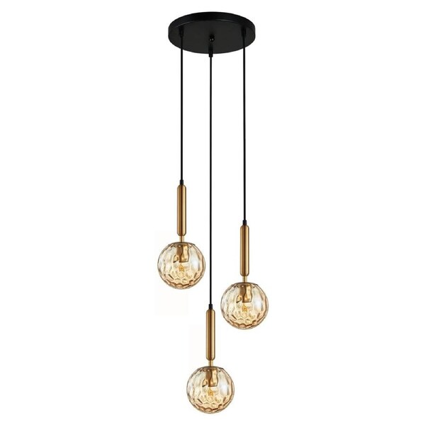 TRATTINO1 Interior Bronze Amber Spherical Glass Brass Highlight Pendant Light- 3 lits Round