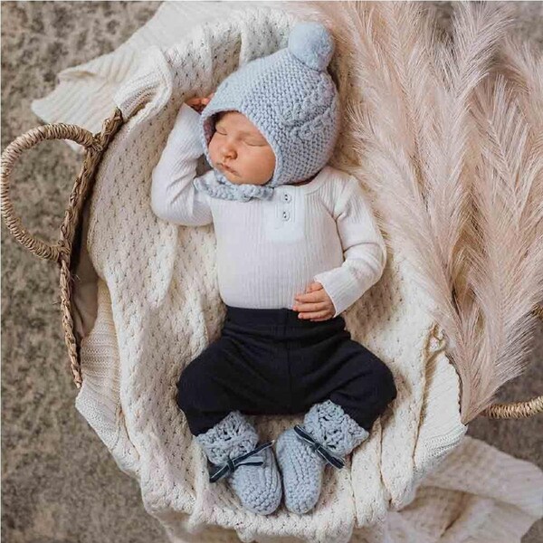 Snuggle Hunny Blue Merino Wool Bonnet & Booties