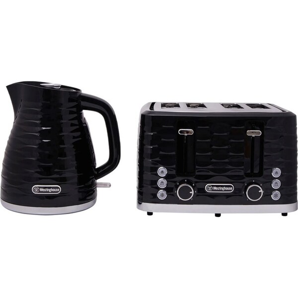Westinghouse 1.7L Kettle & 4 Slice Toaster Pack Black/Silver Wave Pattern