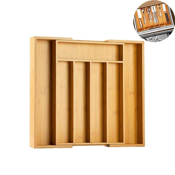 Catzon Silverware Organizer Expandable Bamboo Cutlery Tray for Kitchen