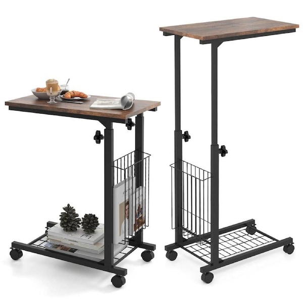 Giantex Mobile Side Table C Shaped End Table Height Adjustable Coffee Table Laptop Storage Table Brown