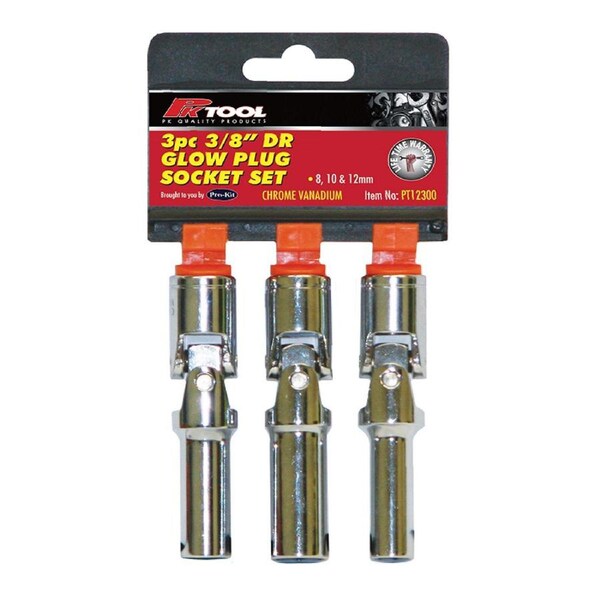 Glow Plug Socket 3pc Set 3/8"dr Cr-V Universal Joint 8, 10 & 12mm 88mm Long