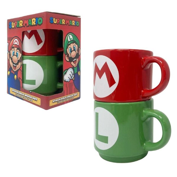 Super Mario Bros Mario Luigi Initials Stackable Mug Set