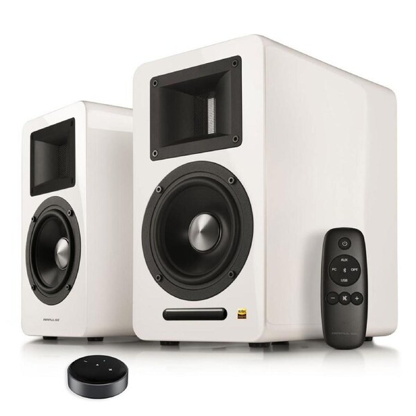 Airpulse A100 Active Wireless Bookshelf Speakers and WiiM Mini Streamer White