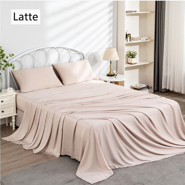 LINENOVA 100% Cooling Bamboo Sheet Set Luxury Soft High Quality Bamboo Sheets King Single / Latte