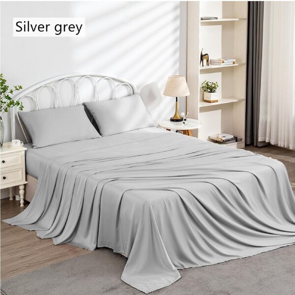 LINENOVA 100% Cooling Bamboo Sheet Set Luxury Soft High Quality Bamboo Sheets King Single / Silver Grey