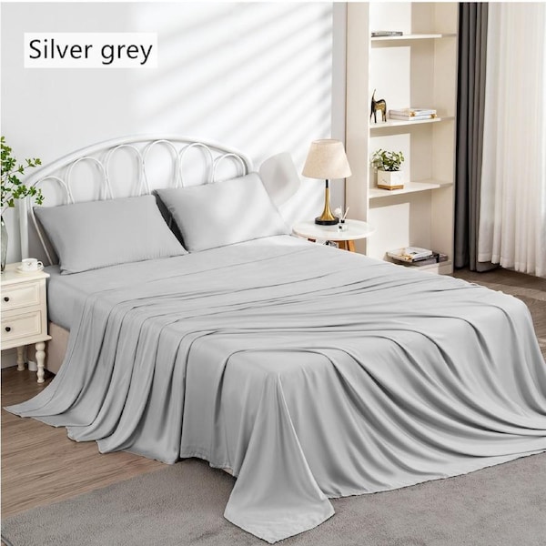 LINENOVA 100% Cooling Bamboo Sheet Set Luxury Soft High Quality Bamboo Sheets Queen / Silver Grey