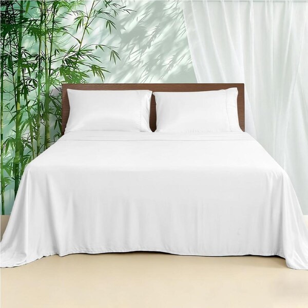 LINENOVA Pure Bamboo Sheet Sets Luxury Soft Flat Fitted Sheet Pillowcases Set All Size 8 Colors King Single / White
