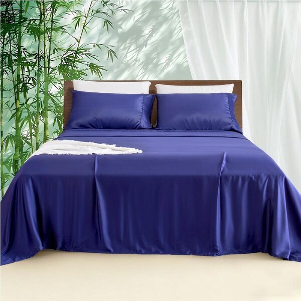 LINENOVA Pure Bamboo Sheet Sets Luxury Soft Flat Fitted Sheet Pillowcases Set All Size 8 Colors Double / Navy