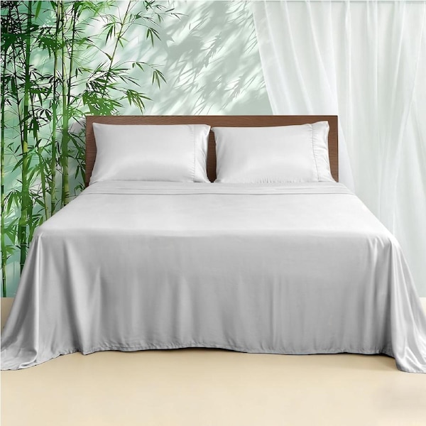 LINENOVA 100% Natural Bamboo Sheet Sets Luxury Soft Cooling Flat Fitted Sheet Pillowcases All Size 8 Colors King / Silver Grey