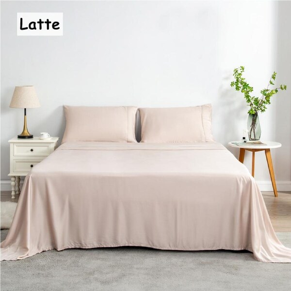 LINENOVA 100% Bamboo Sheet Set Flat Fitted Sheet Pillowcases 5 Size Single / Latte
