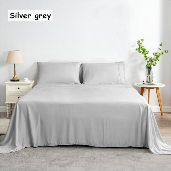 LINENOVA 100% Bamboo Sheet Set Flat Fitted Sheet Pillowcases 5 Size Single / Silver Grey