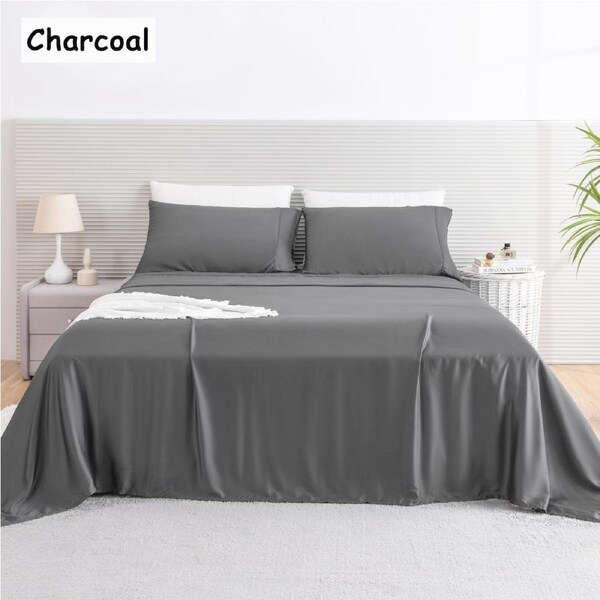 LINENOVA 100% Bamboo Sheet Set Flat Fitted Sheet Pillowcases 5 Size King Single / Charcoal
