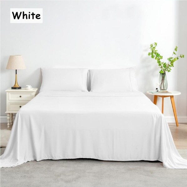 LINENOVA 100% Bamboo Sheet Set Flat Fitted Sheet Pillowcases 5 Size Queen / White