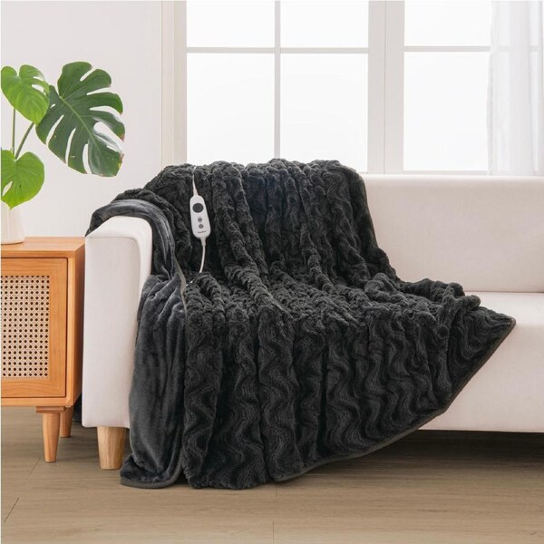 Dreamaker Luxury 500Gsm Faux Fur Electric Heated Throw Blanket Charcoal 200x180cm