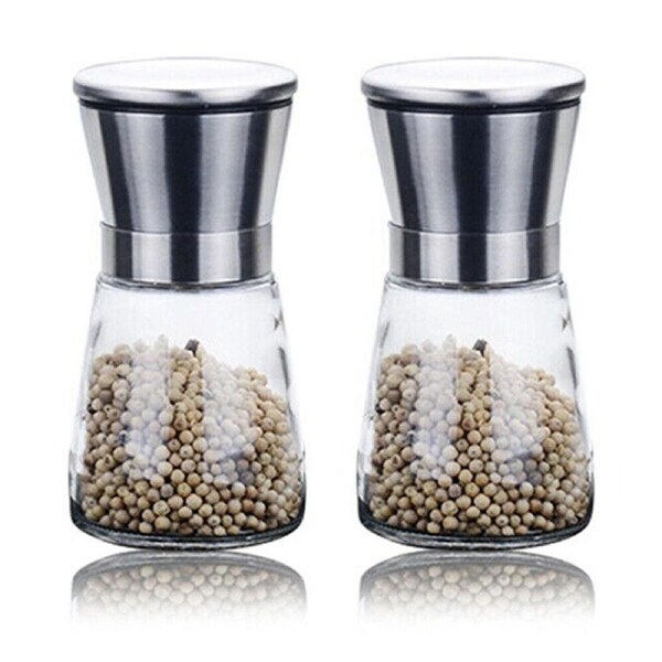 Small 2x Stainless Steel Salt and Pepper Grinder Manual Ceramic Mills Glass Kitchen