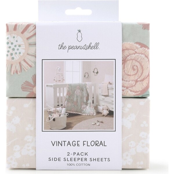 2pc The Peanutshell Baby Cotton Bed Side Sleeper Sheets Vintage Floral 90cm
