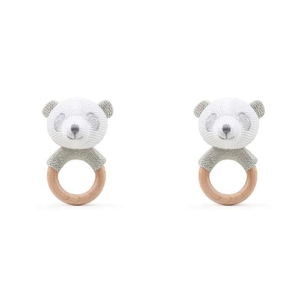 2x The Peanutshell Panda Wood Ring Teether 13cm Baby Teething Animal Toy Grey 0+