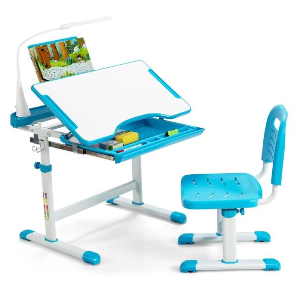 Babyjoy Kid's Tables & Chairs Height Adjustable Study Desk Set w/LED Light/Tilted Tabletop/Book Stand/Drawer/Pencil Case Blue