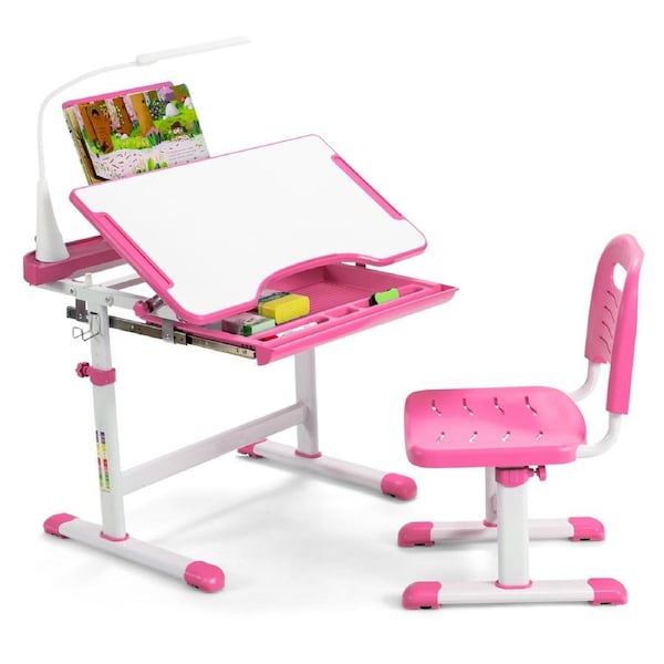 Babyjoy Kid's Tables & Chairs Height Adjustable Study Desk Set w/LED Light/Tilted Tabletop/Book Stand/Drawer/Pencil Case Pink