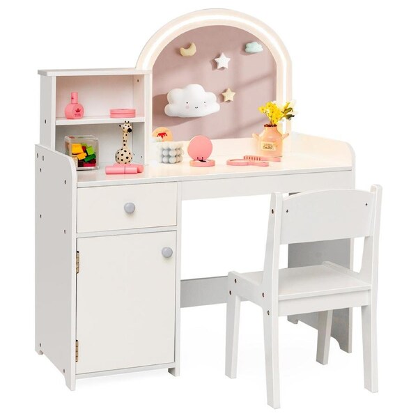 Babyjoy 2-Color LED Kids Makeup Table Set Acrylic Mirror Vanity Table & Stool Set w/Drawer & Cabinet White