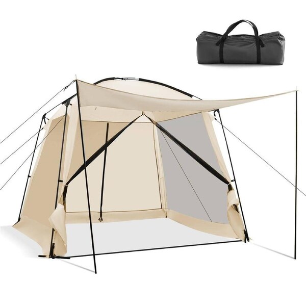 Costway 6-Person Waterproof Outdoor Tent w/4-Side Mesh Walls Family Camping Hiking Picnic Beige