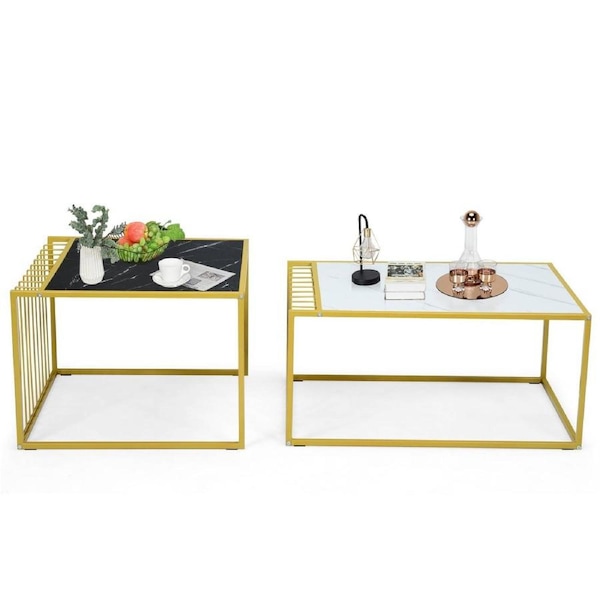 Costway Stackable Coffee Set of 2 Marble Top Nesting Side Table White