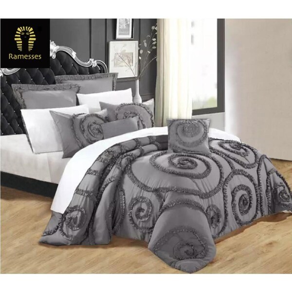 Ramesses Deluxe 7pc Floral Ruffled Comforter Set Queen / Charcoal
