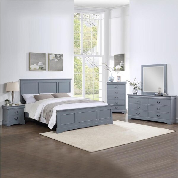 5 Pieces Bedroom Suite in Solid Wood & MDF King Size Grey Colour Bed, Bedside Table, Dresser & Tallboy