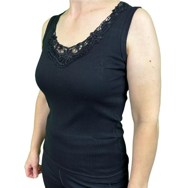 Ladies Sleeveless Singlet Top Womens Summer Basic Tank Shirt Lace Motif Front Black / 20-22