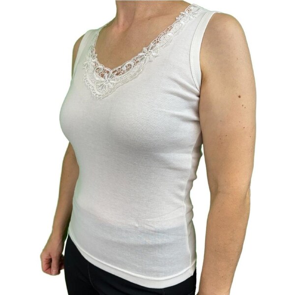 Ladies Sleeveless Singlet Top Womens Summer Basic Tank Shirt Lace Motif Front Natural / 12-14