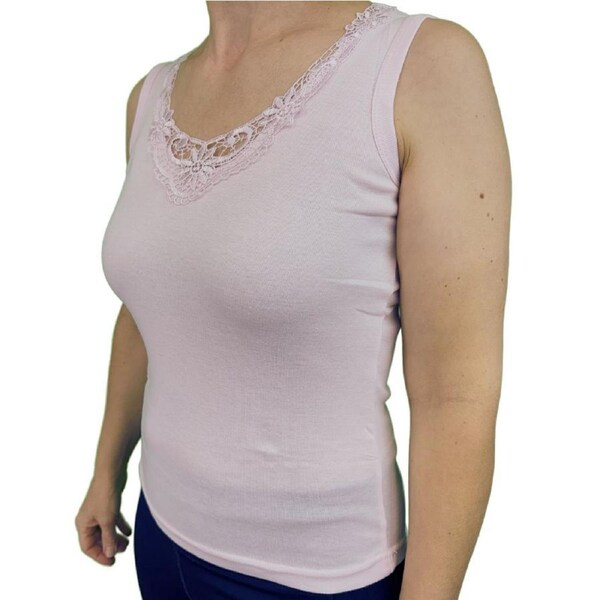 Ladies Sleeveless Singlet Top Womens Summer Basic Tank Shirt Lace Motif Front Pink / 14-16