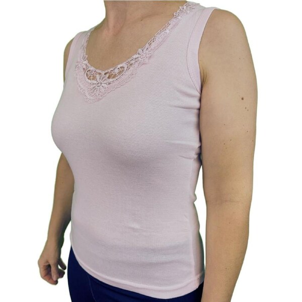 Ladies Sleeveless Singlet Top Womens Summer Basic Tank Shirt Lace Motif Front Pink / 16-18