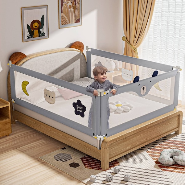 Advwin 3pcs Baby Bed Rails Adjustable Height Kids Side Safety Fence 149*198cm