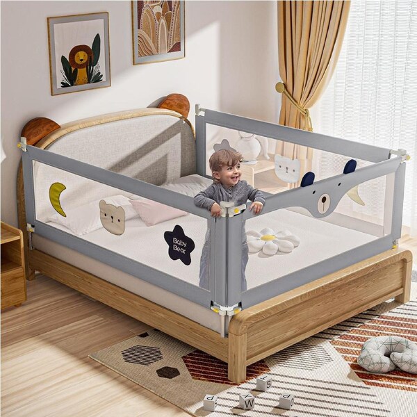Advwin 3pcs Baby Bed Rails Adjustable Height Kids Side Safety Fence 179*198cm