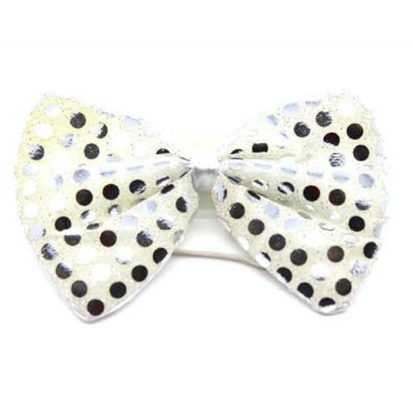 SEQUIN BOW TIE Polka Dots Bowtie Party Unisex Costume 13cm x 9cm Clown - White/Silver