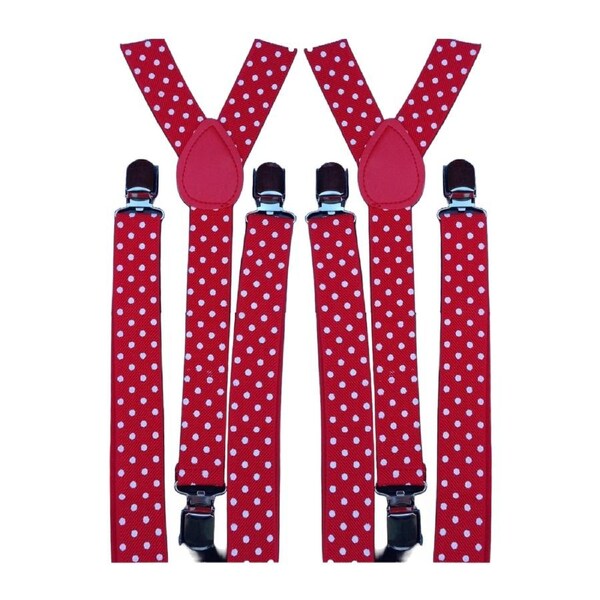 2x Mens Suspenders Braces Adjustable Strong Clip On Elastic Formal Wedding Slim - Red with White Polka Dot