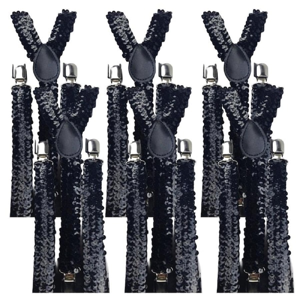 6x Mens Suspenders Braces Adjustable Strong Clip On Elastic Formal Wedding BULK - Black (Sequin)