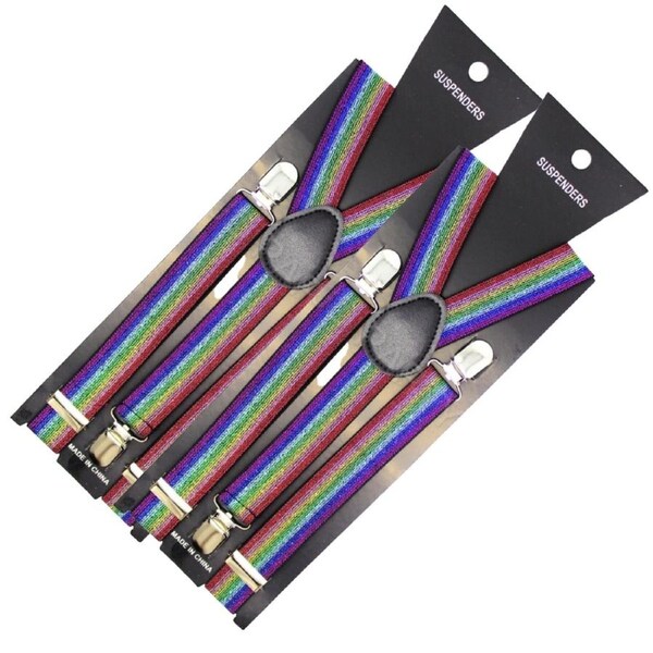 2x Mens Suspenders Braces Adjustable Strong Clip On Elastic Formal Wedding Slim - Rainbow (Glitter)