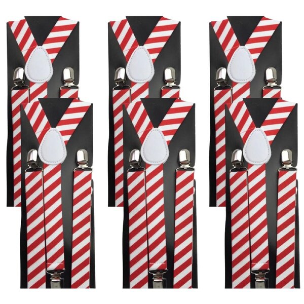 6x Mens Suspenders Braces Adjustable Strong Clip On Elastic Formal Wedding BULK - Red/White Diagonal Stripes