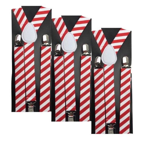 3x Mens Suspenders Braces Adjustable Strong Clip On Elastic Formal Wedding Slim - Red/White Diagonal Stripes